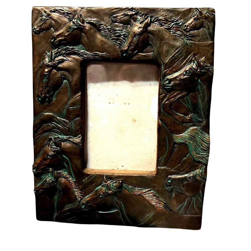 3D Running Horses Picture Frame 9"x7" Heavy Bronze Tone Resin Equestrian‎ Money